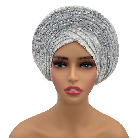 Image of Sequins Auto Gele Headtie African Women's Head Wraps Fashion Turban Cap Nigeria Wedding Geles Already Made Head Ties Headpiece-FrenzyAfricanFashion.com