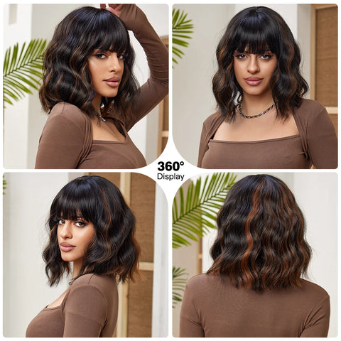 Image of Short Wavy Synthetic Bob Wigs Dark Brown with Highlight Bangs-FrenzyAfricanFashion.com