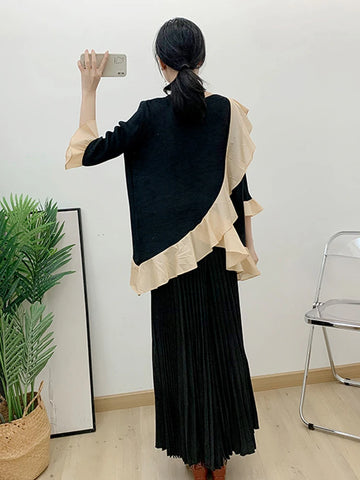 Image of Ruffled Irregular Top+casual Wide Leg Pants Two-piece Pleated Set Loose Elegant Clothing-FrenzyAfricanFashion.com