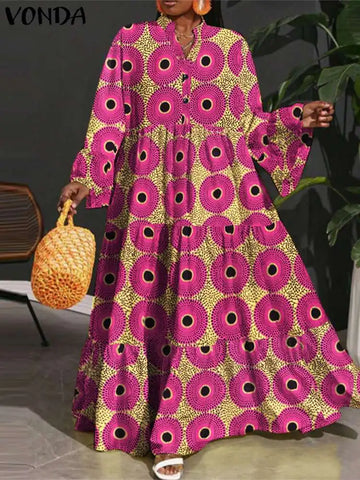 Image of VONDA Plus Size Women Maxi Long Dress 2024 Fashion Party Dress Autumn Flare Long Sleeve Printed Robe Loose Vestidos Oversized-FrenzyAfricanFashion.com