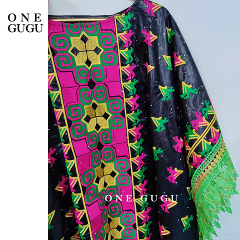 Image of African Traditional Bazin Riche Boubou With Brocade Guipure And Stones Black Nigerian Mali Sewn Dashiki Gown Dress Mix Size Robe-FrenzyAfricanFashion.com