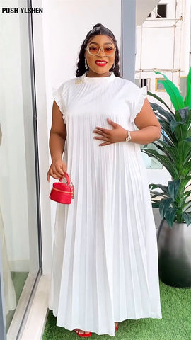 Image of Pleated Abaya African Dresses for Women 2024 Summer Plus Size Traditional Nigeria Caftan Dress Abaya Musulman Robe Femme Clothes-FrenzyAfricanFashion.com