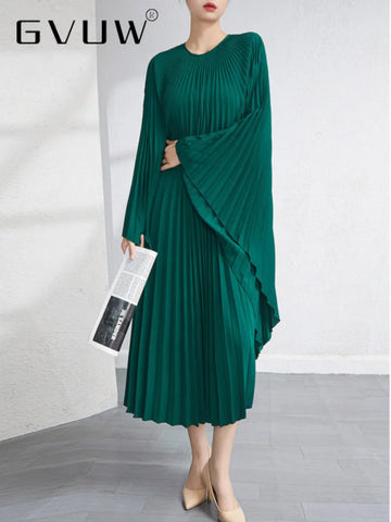 Image of Solid Batwing Sleeve Pleated Dress Loose Irregular Clothing Spring Autumn-FrenzyAfricanFashion.com