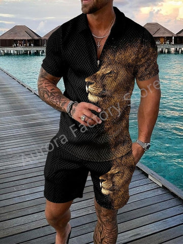 Image of Summer Mens Polo Shirts with Short Sleeve 3D Trend Luxury Golf T Shirt Black Faashion Blouse Short Pants Tracksuit 2 Pieces Sets-FrenzyAfricanFashion.com