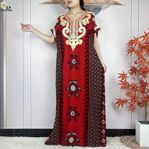 Image of Women Floral Dress African Dashiki Kaftan Short Sleeve Women Casual Hijab Dress-FrenzyAfricanFashion.com