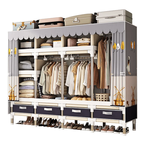 Image of Spacious & Durable Stainless Steel Wardrobe with Dustproof Cover: Ideal Organizer for Bedroom, Dorm, Home-FrenzyAfricanFashion.com