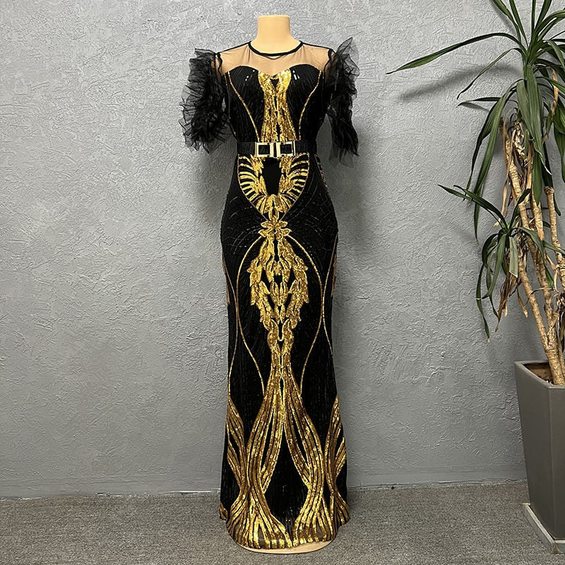 Sequins Bodycon Maxi Dress Women Clothes Club Outfit Dashiki Ankara Evening Party Clothing-FrenzyAfricanFashion.com