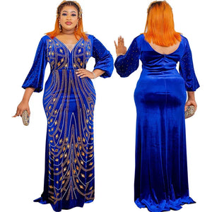 2023 Luxury Plus Size Blue African Sequins Maxi Dress for Women Elegant Lady Wedding Evening Dresses Sexy Party Bodycon Gown-FrenzyAfricanFashion.com