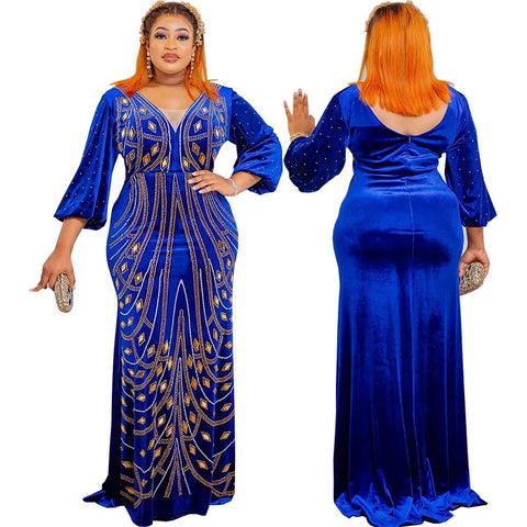 Image of 2023 Luxury Plus Size Blue African Sequins Maxi Dress for Women Elegant Lady Wedding Evening Dresses Sexy Party Bodycon Gown-FrenzyAfricanFashion.com