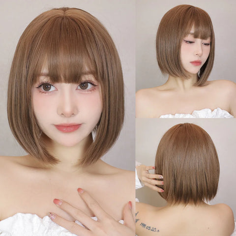 Image of Short Black Brown Synthetic Natural Hair Wigs for Women Bob Straight Wig with Bangs High Temperature Daily Cosplay Party Wigs-FrenzyAfricanFashion.com