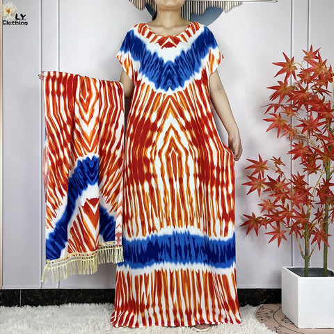 Image of Short Sleeve African Dashiki Tie-dyed Cotton Abaya Caftan Casual Dresses With Big Scarf-FrenzyAfricanFashion.com