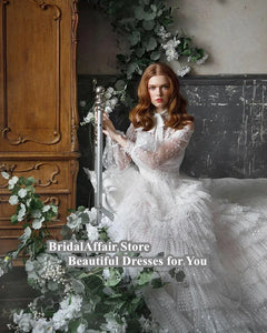 Lace Appliques A Line Ruffles Bridal Dress Full Lace Sleeves-FrenzyAfricanFashion.com