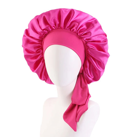 Image of Satin Solid Sleeping Hat with Stretchy Tie Band Elastic Night Shower Cap Adjustable Hair Head Cover Bonnet turban-FrenzyAfricanFashion.com