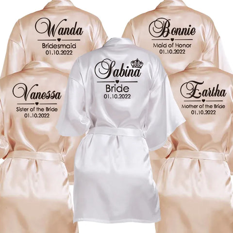 Image of Customized Name Date Wedding Bathrobe Faux Silk Bridal Robe Bride Bridesmaid Wedding Robes Woman Bachelorette Hen Party-FrenzyAfricanFashion.com