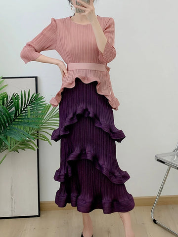 Image of Color Block Patchwork Pleated Dress Women Elegant Round Neck Long Sleeves Belt Dresses-FrenzyAfricanFashion.com