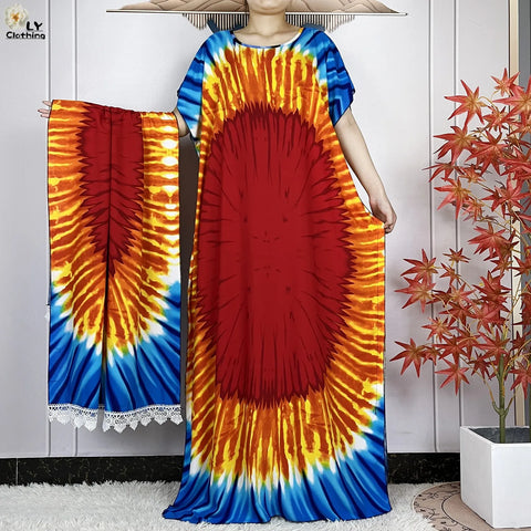 Image of Women Short Sleeve Cotton Loose Femme Robe Dresses With Big Scarf-FrenzyAfricanFashion.com