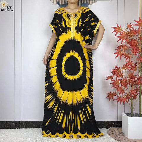 Image of Party Dress Women Loose Cotton Short Sleeve Maxi Robe Floral Abaya-FrenzyAfricanFashion.com