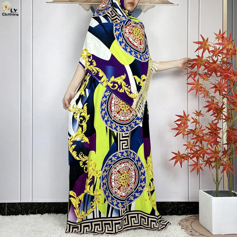 Image of Women Short Sleeve Cotton Loose Femme Robe Dresses With Big Scarf-FrenzyAfricanFashion.com