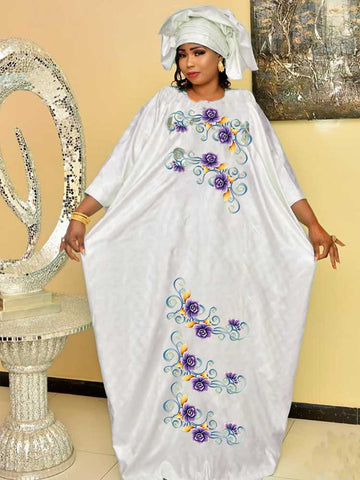 Image of Shiny Bazin Riche Long Dresses For Traditional Wedding Clothing Bazin Riche Dashiki Robe With Scarf Women Daily Clothing-FrenzyAfricanFashion.com