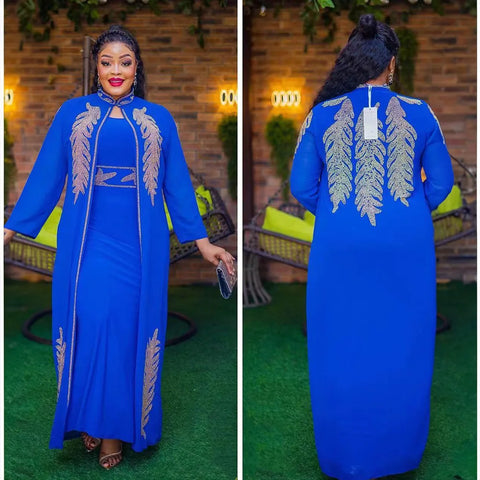 Image of Plus Size African Party Dresses for Women Chiffon Boubou Ankara Dashiki 2 PCS Set Outfit Dubai Kaftan Abaya Robe Marocaine Femme-FrenzyAfricanFashion.com