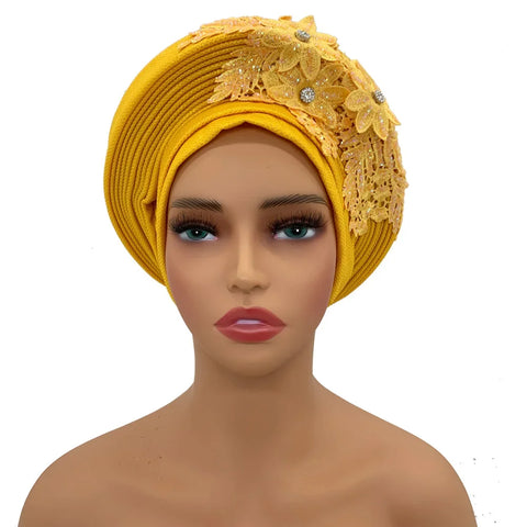 Image of Embroidery Flower African Autogele Headtie Women's Fashion Turban Cap Wedding Gele Party Headpiece Nigeria Female Head Wraps-FrenzyAfricanFashion.com