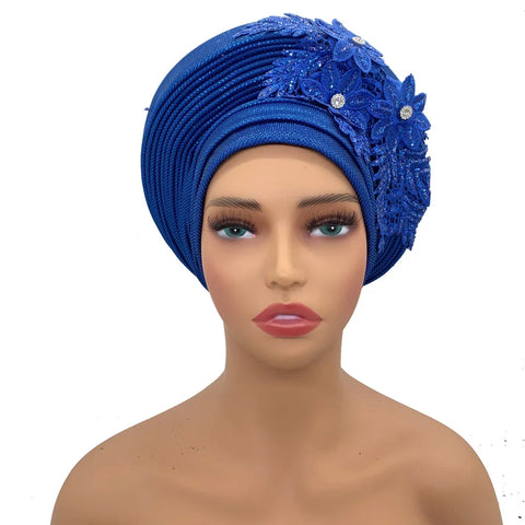 Image of Embroidery Flower African Autogele Headtie Women's Fashion Turban Cap Wedding Gele Party Headpiece Nigeria Female Head Wraps-FrenzyAfricanFashion.com