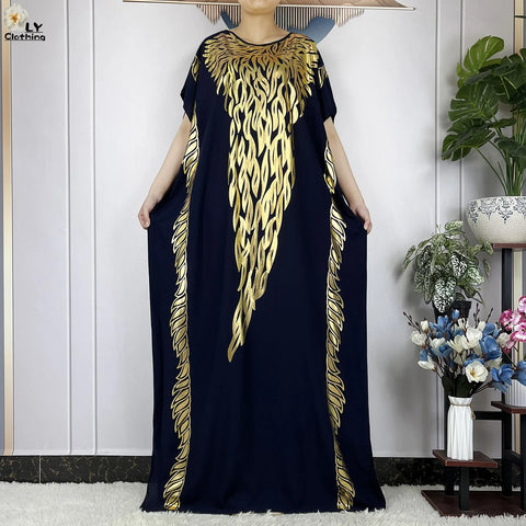 Image of Luxury Party Black and Gold Dress With Big Scarf Boubou Maxi Women Abaya Clothing-FrenzyAfricanFashion.com