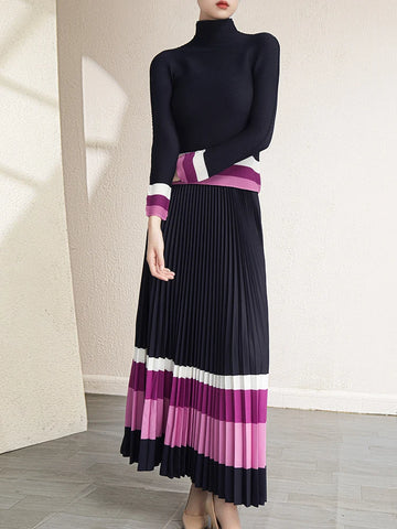 Image of Women's Color Print Pleated Set Fashion Long Sleeves T-shirt High Waist A-line Skirt-FrenzyAfricanFashion.com