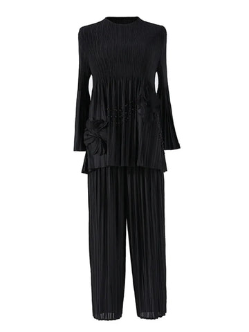 Image of Pleated 2 Pieces Set Women's Spliced Flower Round Neck Long Sleeves Tops High Waist Wide Leg Pants-FrenzyAfricanFashion.com