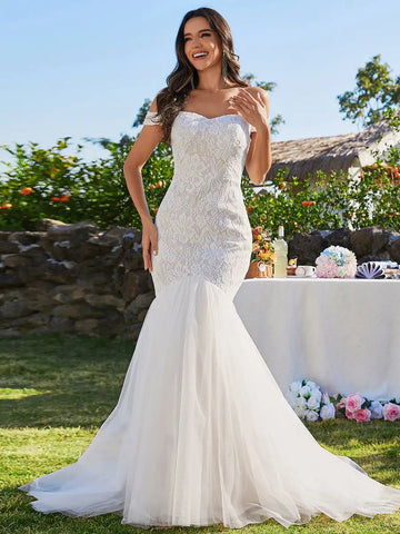 Image of Elegant Wedding Dresses Off Shoulder Sleeveless Floor Length-FrenzyAfricanFashion.com