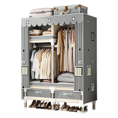 Image of Spacious & Durable Stainless Steel Wardrobe with Dustproof Cover: Ideal Organizer for Bedroom, Dorm, Home-FrenzyAfricanFashion.com