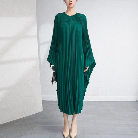 Image of Solid Batwing Sleeve Pleated Dress Loose Irregular Clothing Spring Autumn-FrenzyAfricanFashion.com