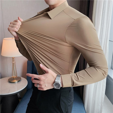 Image of Plus Size 4XL-M High Elasticity Seamless Shirts Men Long Sleeve Top Quality Slim Casual Luxury Shirt Social Formal Dress Shirts-FrenzyAfricanFashion.com