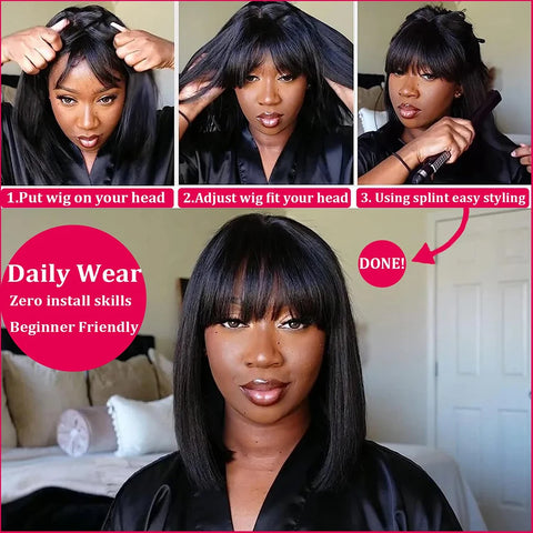 Image of 3X1 Middle Part Lace Wig Bob Wigs Full Machine Made Bone Straight Human Hair Wigs With Bangs Short Bob Human Hair Wigs For Women-FrenzyAfricanFashion.com