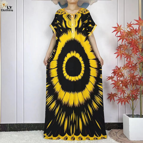 Image of Party Dress Women Loose Cotton Short Sleeve Maxi Robe Floral Abaya-FrenzyAfricanFashion.com