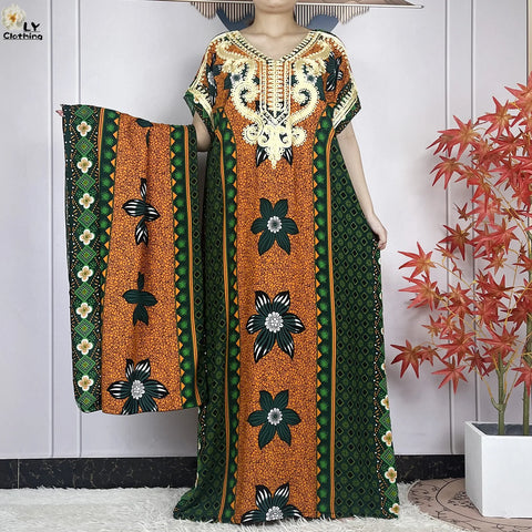 Image of Women Floral Dress African Dashiki Kaftan Short Sleeve Women Casual Hijab Dress-FrenzyAfricanFashion.com