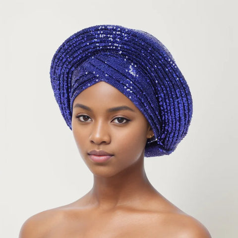 Image of Sequins Auto Gele Headtie African Women's Head Wraps Fashion Turban Cap Nigeria Wedding Geles Already Made Head Ties Headpiece-FrenzyAfricanFashion.com