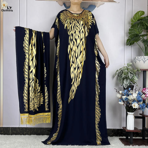 Image of Luxury Party Black and Gold Dress With Big Scarf Boubou Maxi Women Abaya Clothing-FrenzyAfricanFashion.com