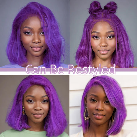 Image of Short Bob Wig 180% Dark Purple Lace Front Human Hair Wigs For Women 13x4 Lace Frontal Wig Colored Straight Bob Lace Front Wigs-FrenzyAfricanFashion.com