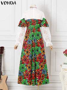 VONDA Evening Party Dress 2022 Summer High Neck Women Long Sleeve Lace Patchwork Vintage Printed Bohemian Pleated Maxi Dresses-FrenzyAfricanFashion.com