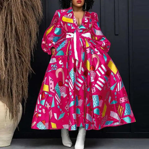 Image of Plus Size VONDA Elegant Women Satin Dress V-neck Bohemian Ruffled Long Dress Floral Printed Puff Sleeve Casual Sundress Belted-FrenzyAfricanFashion.com