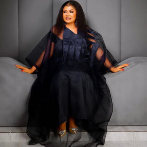 African Attire For Women Black Abaya Embroidery Plus Size Elegant Party Church Dress With Scarf-FrenzyAfricanFashion.com