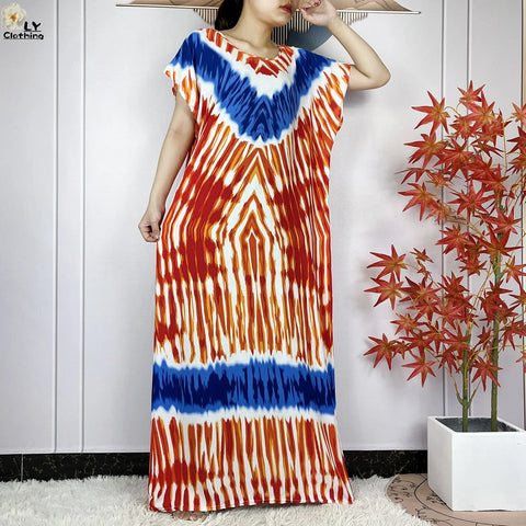 Image of Short Sleeve African Dashiki Tie-dyed Cotton Abaya Caftan Casual Dresses With Big Scarf-FrenzyAfricanFashion.com