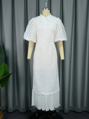 Image of White Lace Dresses for Women Wedding Guests Elegant Turn Down Collar Puff Sleeves Pleated Hem Midi Dress Luxury Occasion Clothes-FrenzyAfricanFashion.com