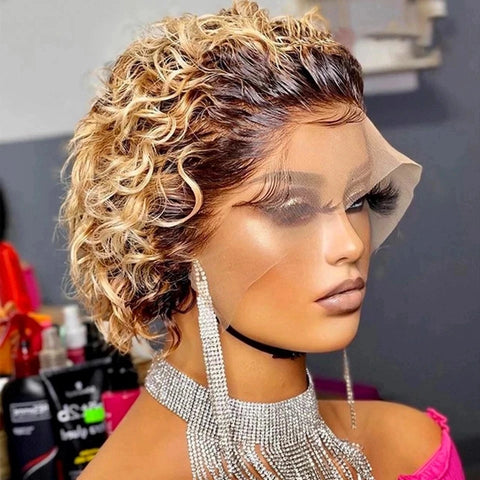 Image of Pixie Cut Wig 99J Color Lace Wig Spring curl Short Bob Human Hair Wig For Women Natural Black Color Blonde Jarin Hair Cheap Wig-FrenzyAfricanFashion.com