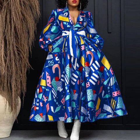 Image of Plus Size VONDA Elegant Women Satin Dress V-neck Bohemian Ruffled Long Dress Floral Printed Puff Sleeve Casual Sundress Belted-FrenzyAfricanFashion.com