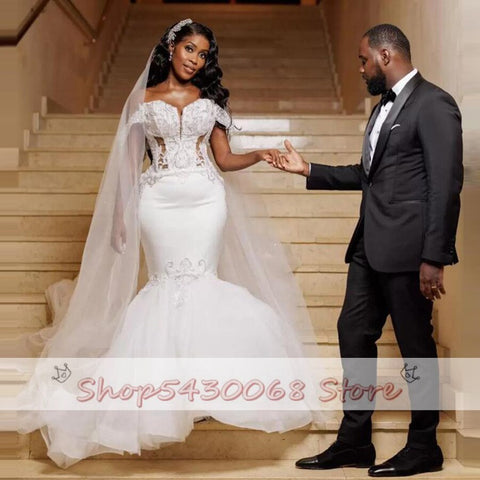 Image of Mermaid Wedding Dresses Off The Shoulder Sweetheart Sexy Beads Appliques Bridal Dress-FrenzyAfricanFashion.com