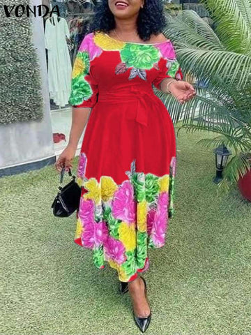 Image of Summer Off Shoulder Sexy Dress 2022 VONDA Fashion Women High Waist Floral Printed Dress Beach Sundress Femme Robe Party Oversize-FrenzyAfricanFashion.com