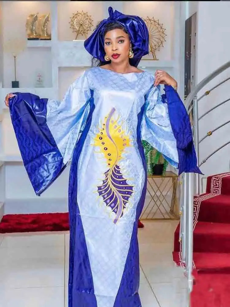 Blue Abaya Dashiki Robe Traditional Wedding Party Bazin Riche Long Dresses-FrenzyAfricanFashion.com