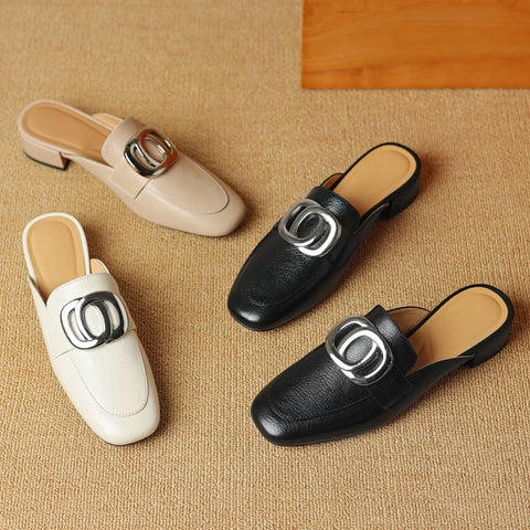 Image of Plus size 34-41 women's genuine leather square toe slip-on flats summer mules metal buckle decoration casual female sandals shoe-FrenzyAfricanFashion.com